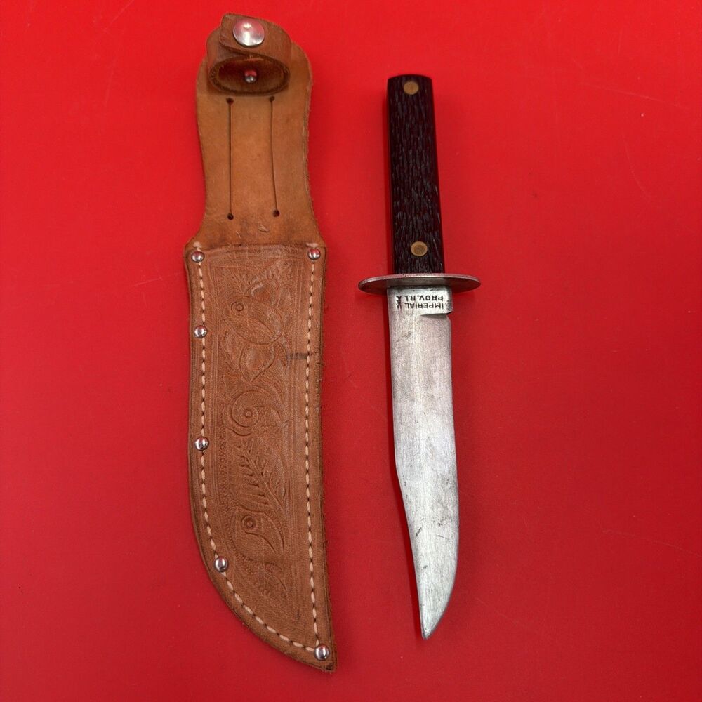 VTG Imperial 5” Fixed Blade Knife Tooled Leather Sheath Black Bakelite Handle US